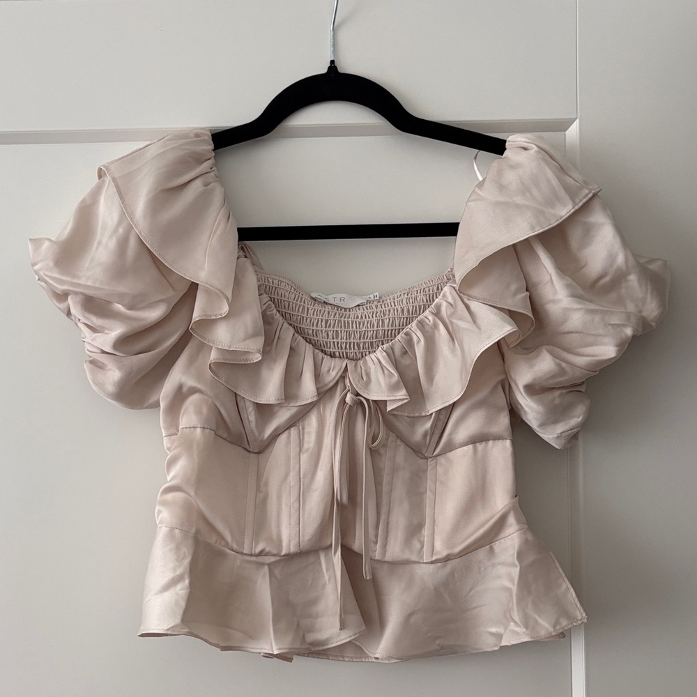 ASTR the Label Satin Peplum Top in Blush Pink